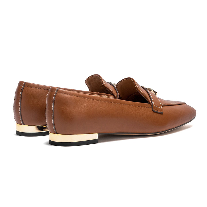 Serrata - Women's Black Faux Leather Loafers - Square Toe Gold Lock Detail Slip-On Flats