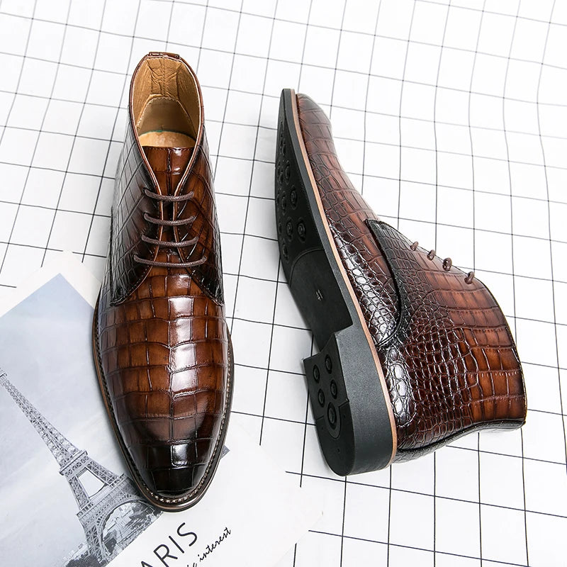 Bromley – Men’s Alligator-Print Leather Ankle Boots – Winter Dress Boots - Ashour Shoes