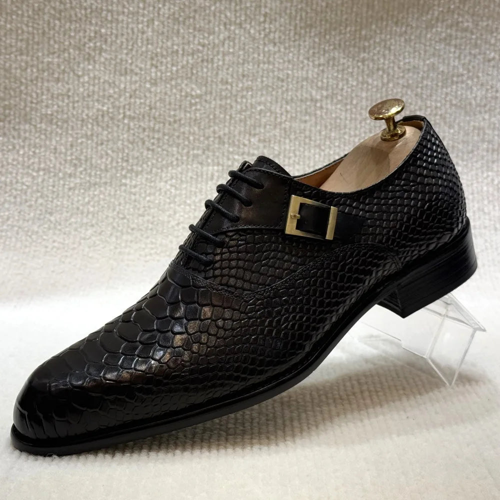 Distinto - Men's Fashionable Snake-Embossed Leather Buckled Derby Shoes - Ashour Shoes