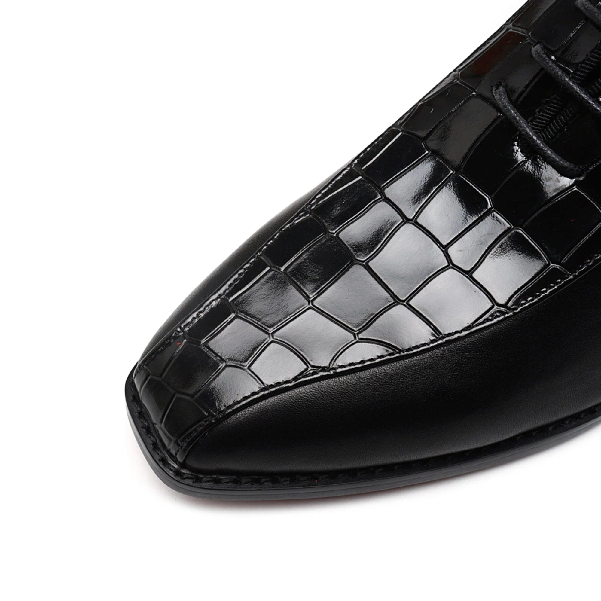 The Luxxor - Red bottom sole leather oxford dress shoes with half alligator print