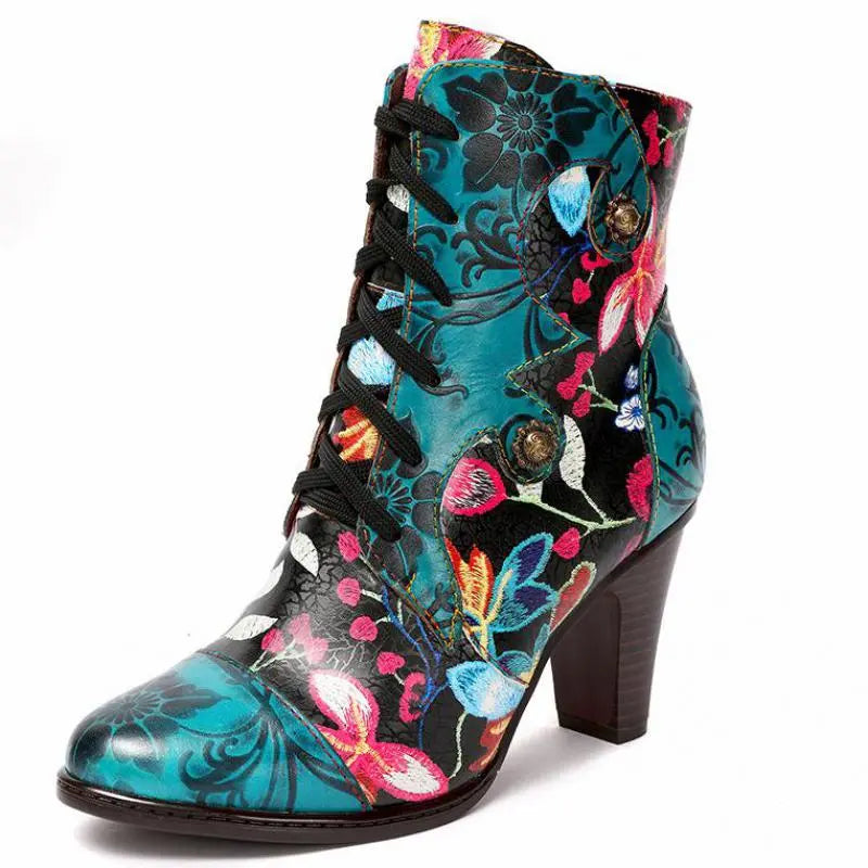 Armak2 - Vibrant floral pattern leather booties for women