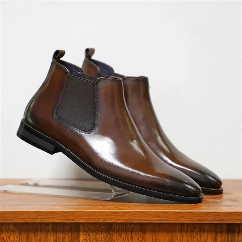 Raffinato - Men's Polished Burnished Leather-Look Chelsea Ankle Boots - Ashour Shoes
