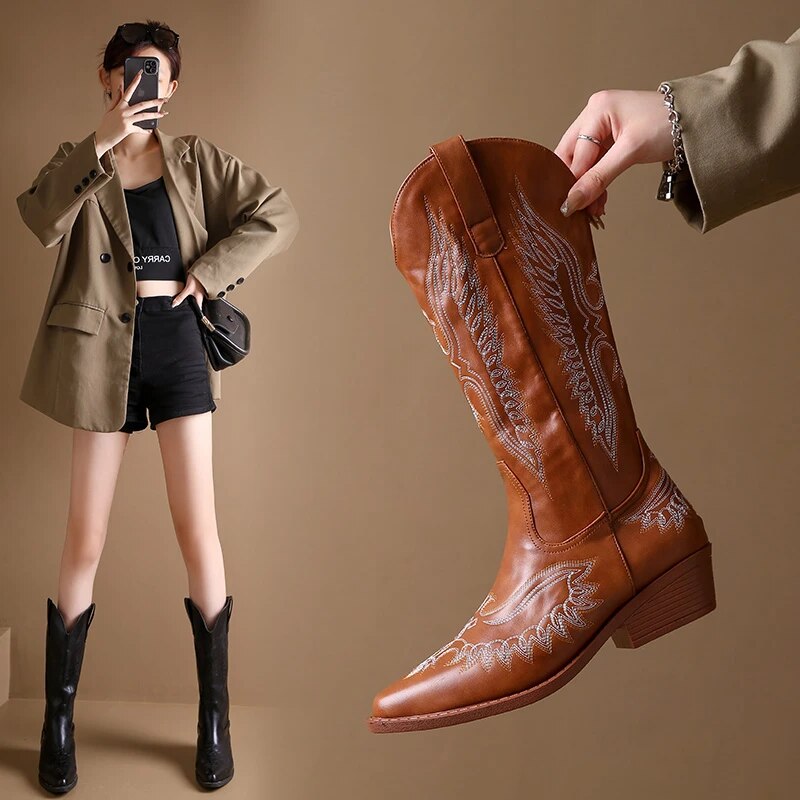 Vintage - Pointed toe vegan leather cowboy boots for women - Ashour Shoes