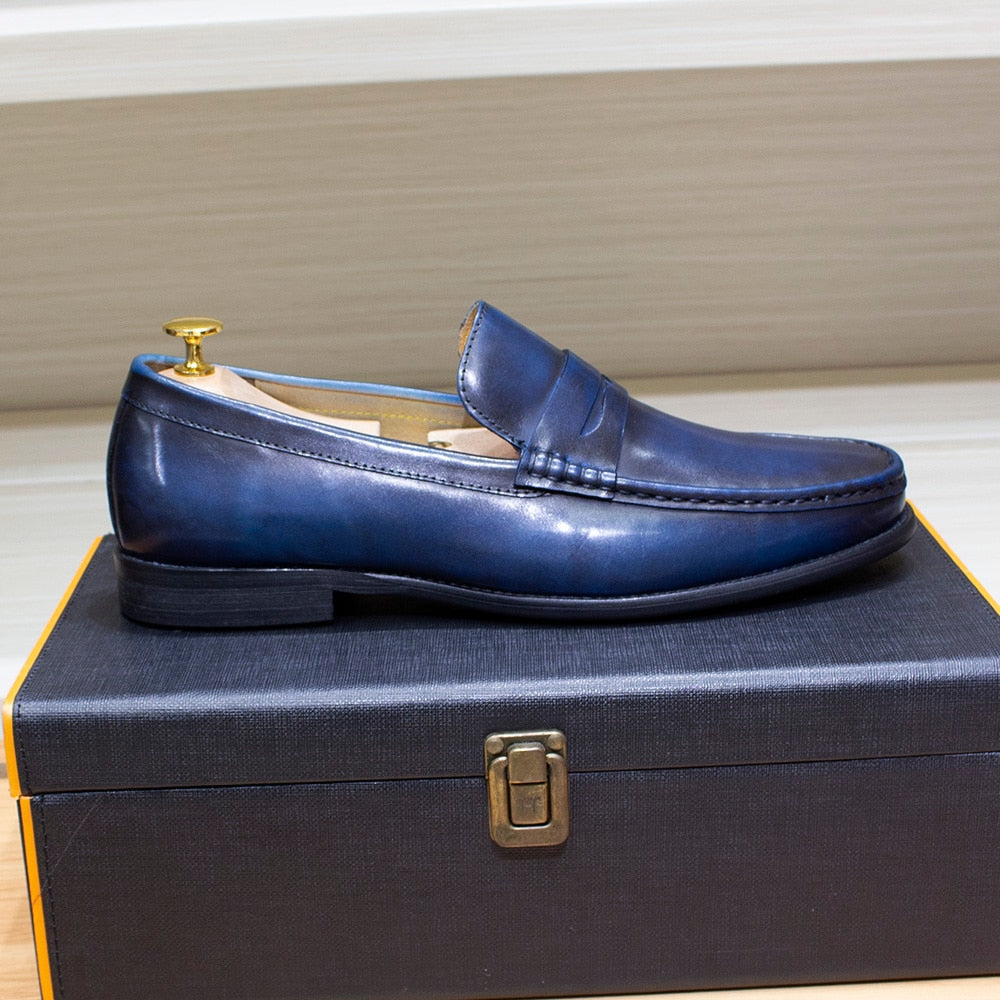 Sfarzo - Luxury Men's Leather Penny Loafers (Blue or Black) - Ashour Shoes