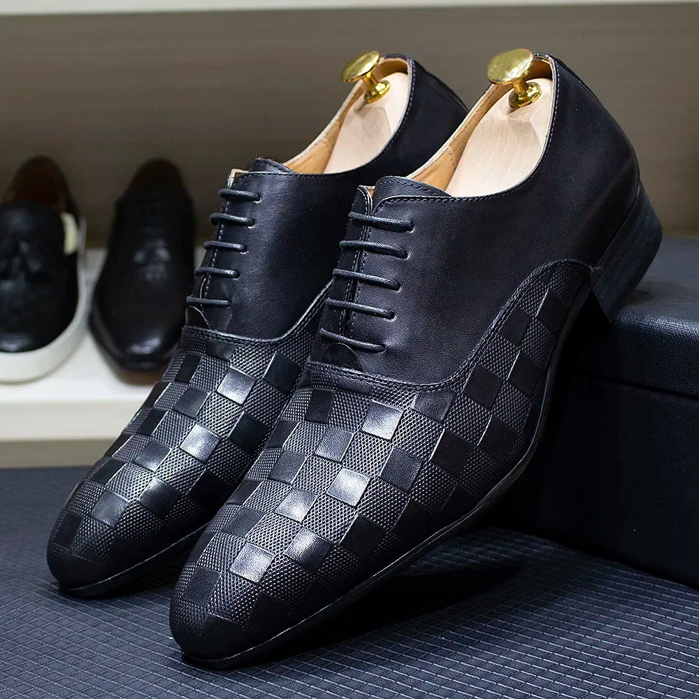 Ardito - Men's Luxury Genuine Leather Oxford Dress Shoes with Embossed Checkered Print - Ashour Shoes
