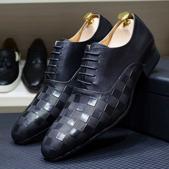 Ardito - Men's Luxury Genuine Leather Oxford Dress Shoes with Embossed Checkered Print