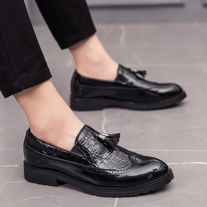 Distinto - Men's Patent Leather Crocodile Brogue Tassel Loafers