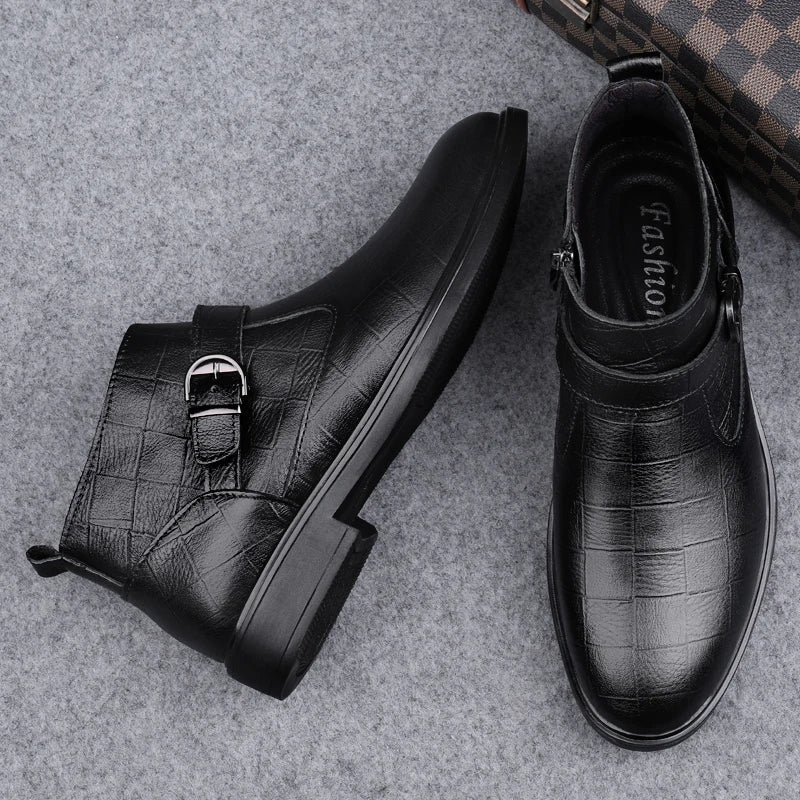 Stile - Men's Embossed Leather Buckle Ankle Boots - Ashour Shoes