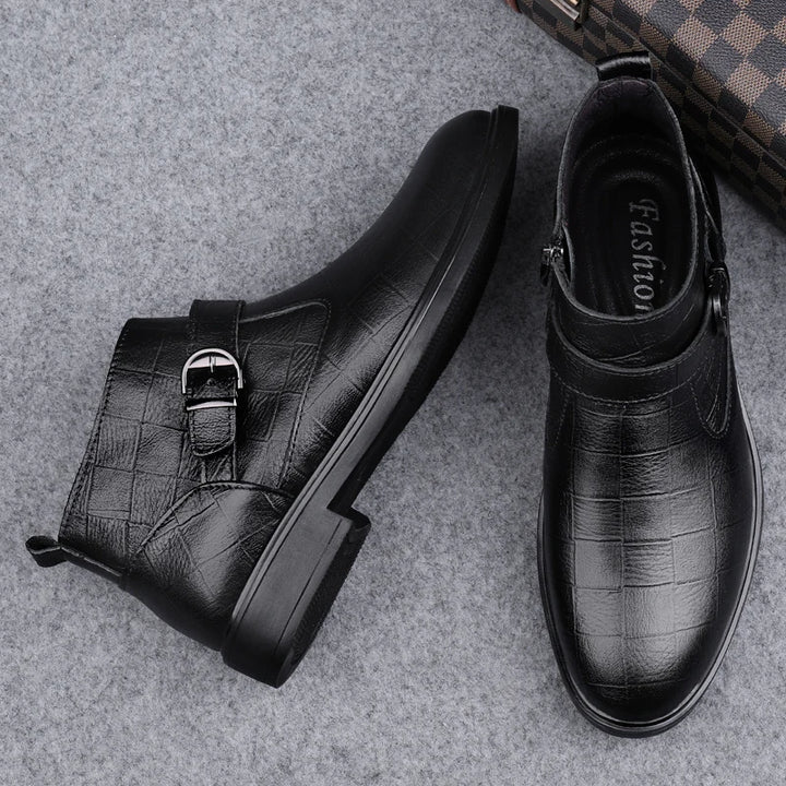 Stile - Men's Embossed Leather Buckle Ankle Boots