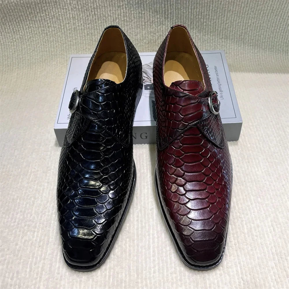 Serpente - Men's Elegant Burgundy Embossed Leather Monk Strap Dress Shoes - Ashour Shoes