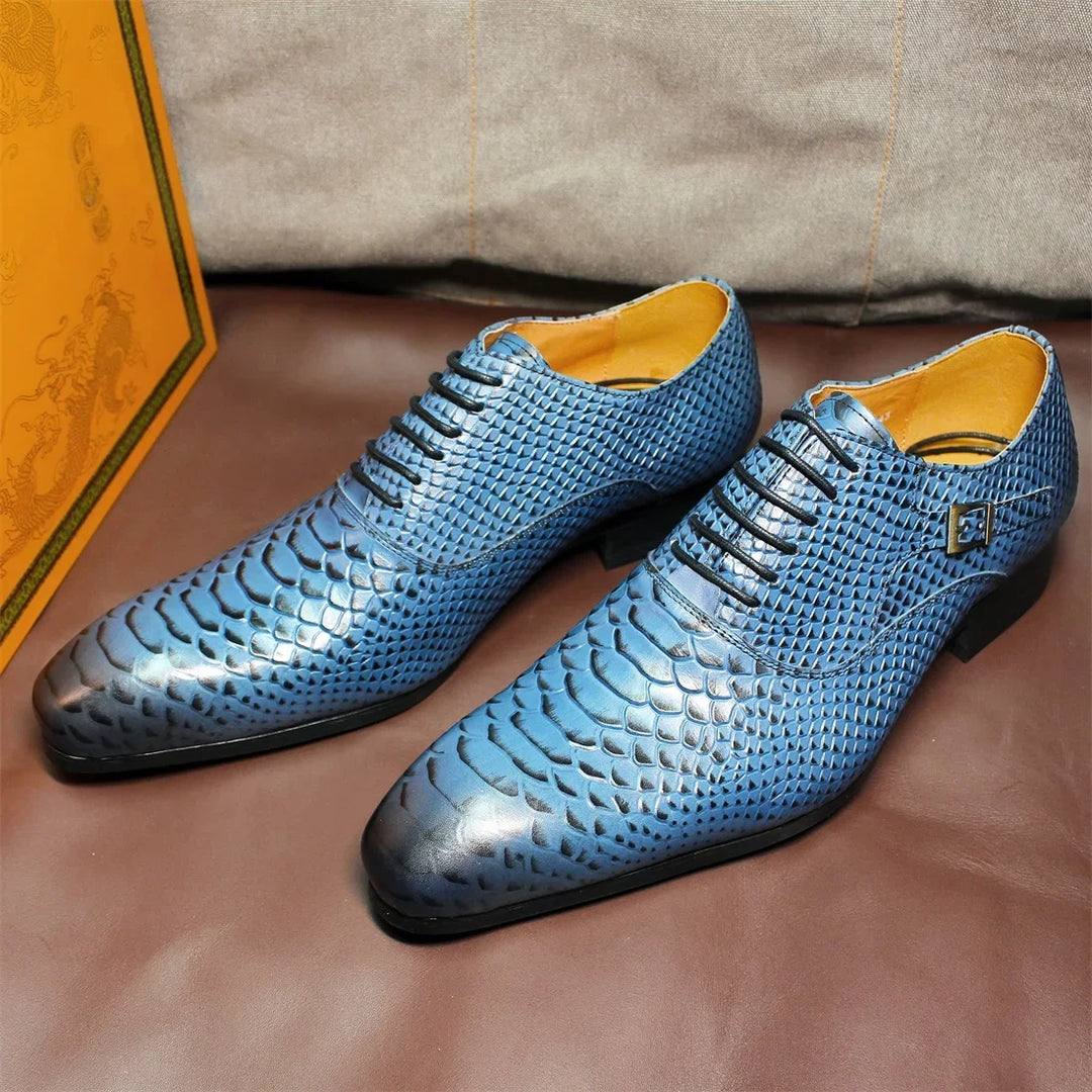 Distinto - Men's Luxury Blue Genuine Leather Snake Print Oxford Dress Shoes