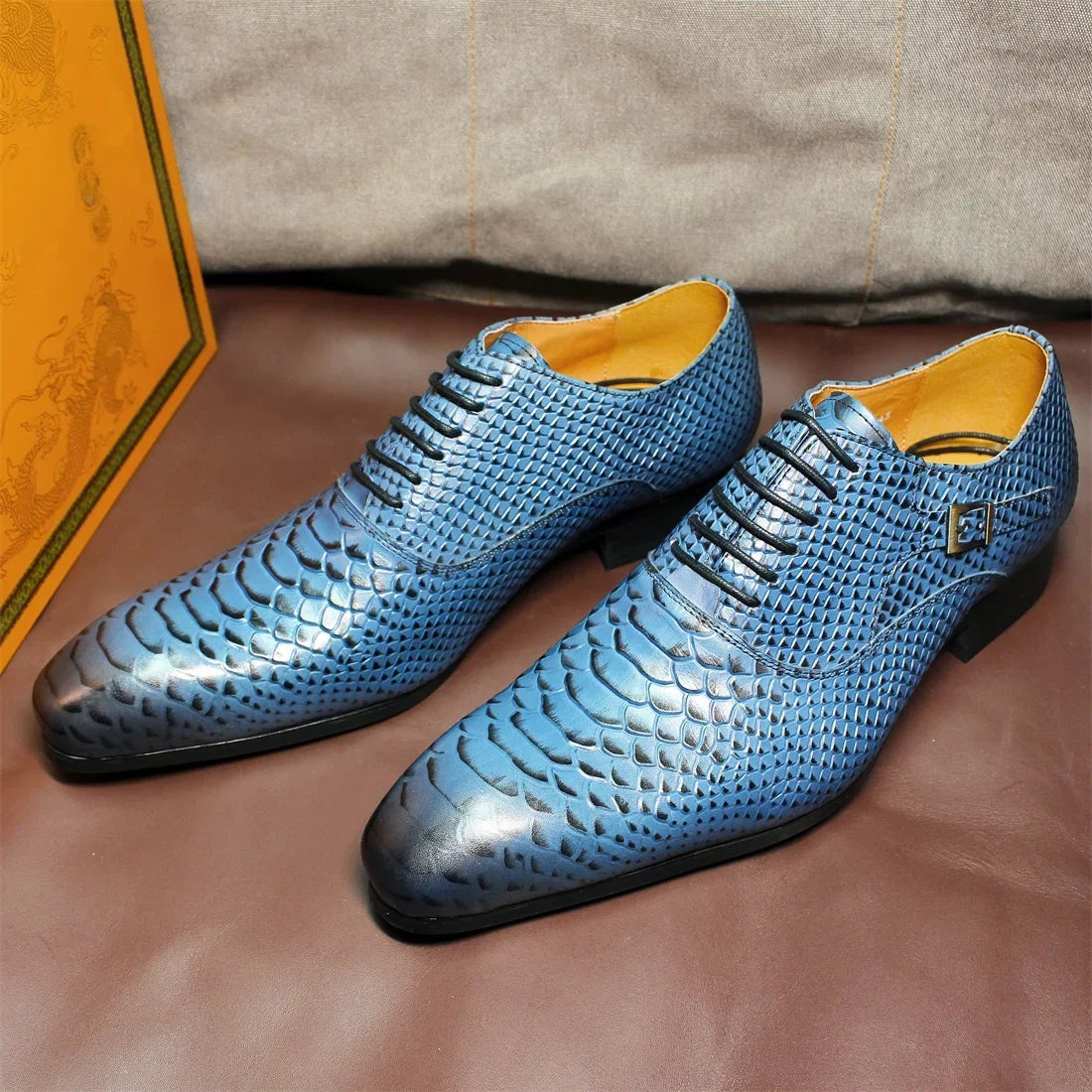 Distinto - Men's Luxury Blue Genuine Leather Snake Print Oxford Dress Shoes - Ashour Shoes