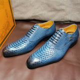Distinto - Men's Luxury Blue Genuine Leather Snake Print Oxford Dress Shoes - Ashour Shoes
