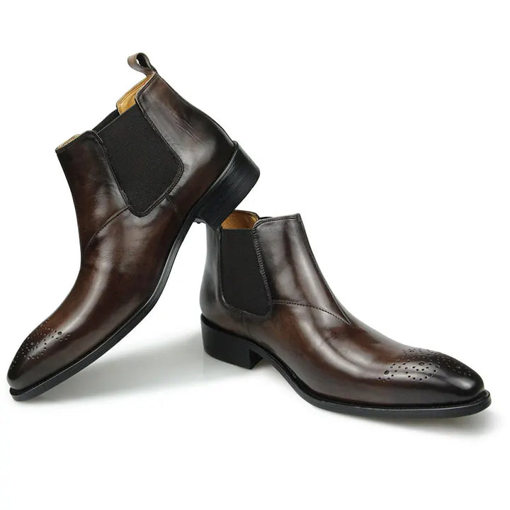 Romano - Men's Chelsea leather ankle boots with broguing (slip on) - Ashour Shoes