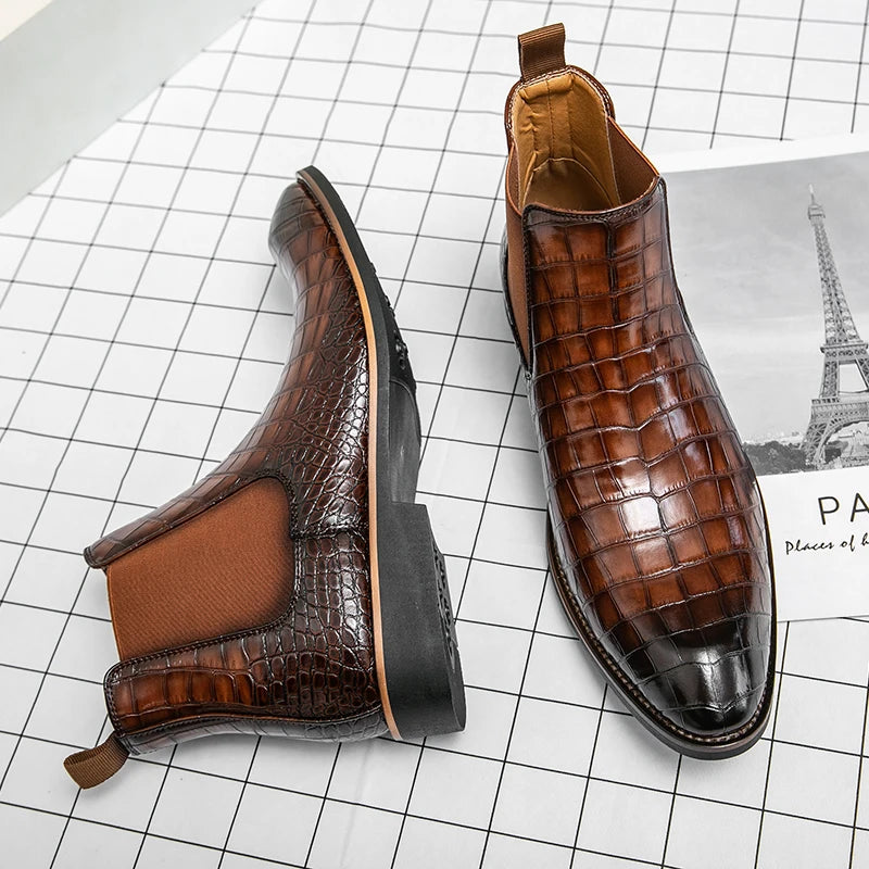 Bromley – Men’s Alligator-Print Leather Ankle Boots – Winter Dress Boots - Ashour Shoes