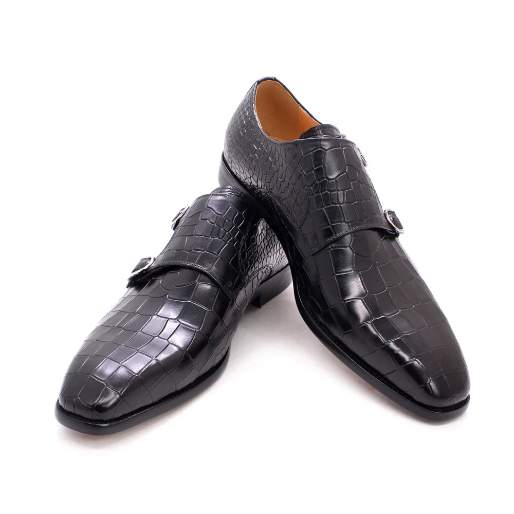 Maestro - Men's Elegant Black Crocodile Embossed Double Monk Strap Dress Shoes - Ashour Shoes