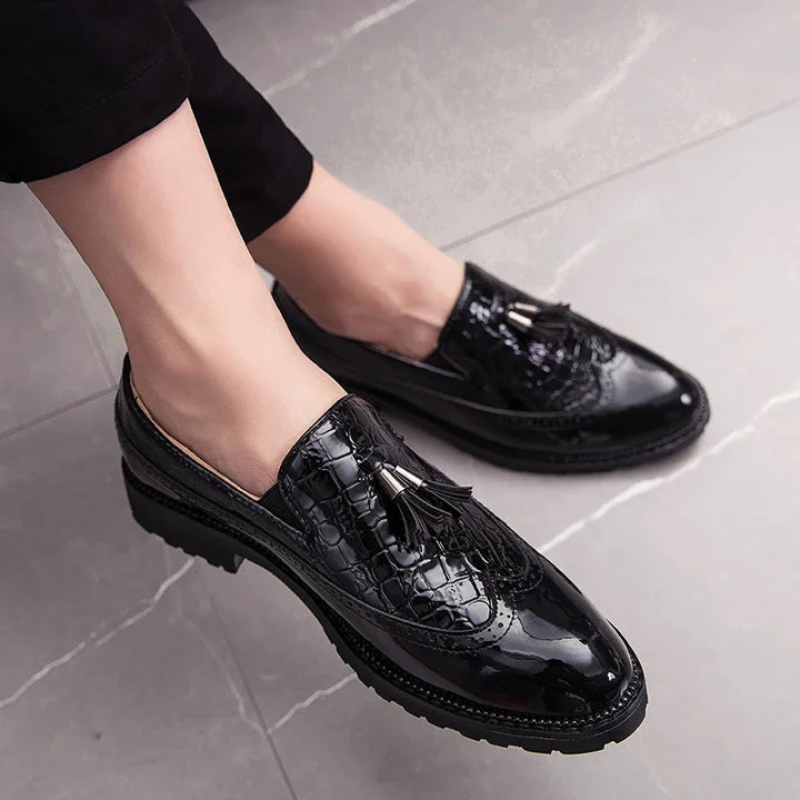 Distinto - Men's Patent Leather Crocodile Brogue Tassel Loafers