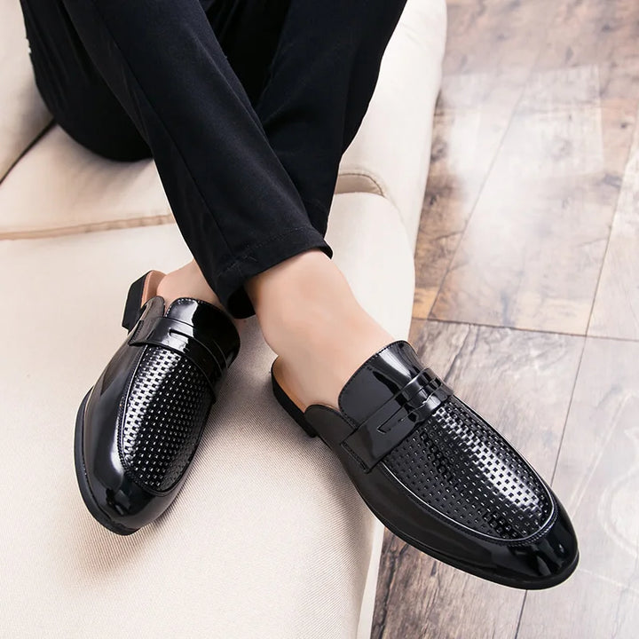 Half Shoes for Men Leather Mules Casual Shoes Men Fashion 2022 Men Slipper Mules Backless Loafers Black Flat Heel Party Slippers - Ashour Shoes