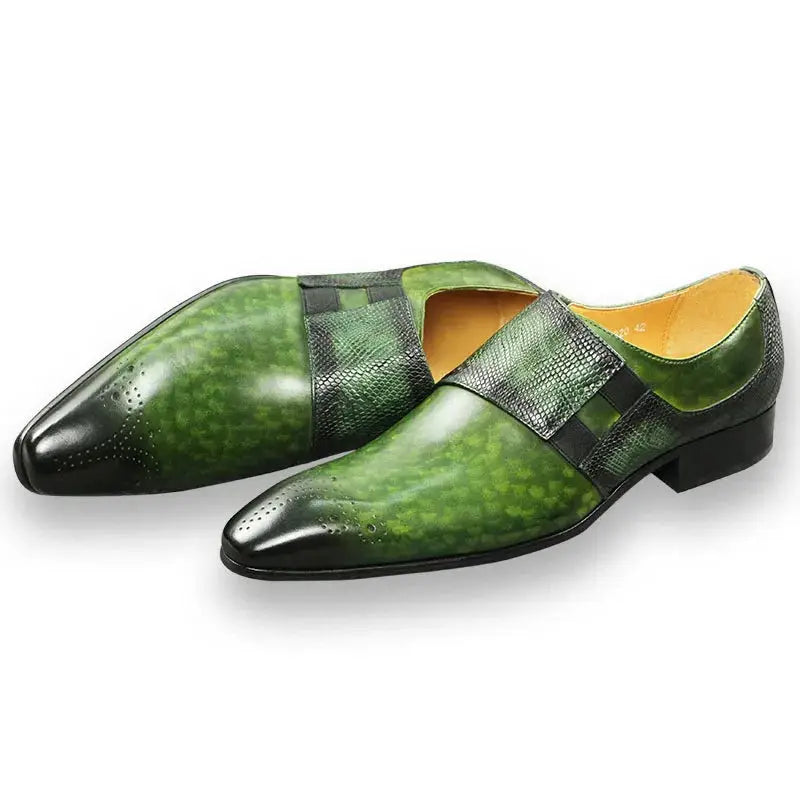 Fashion Loafers Men Shoe Classic Green Color Brogue Shoe Pure Genuine Leather Monk strap Comfortable Male Footwear Fast Delivery - Ashour Shoes