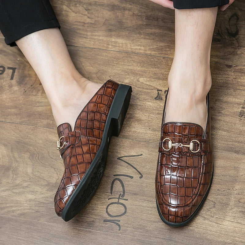 The Tamer 2 - Leather Men’s Mules/ backless loafers with an alligator print - Ashour Shoes