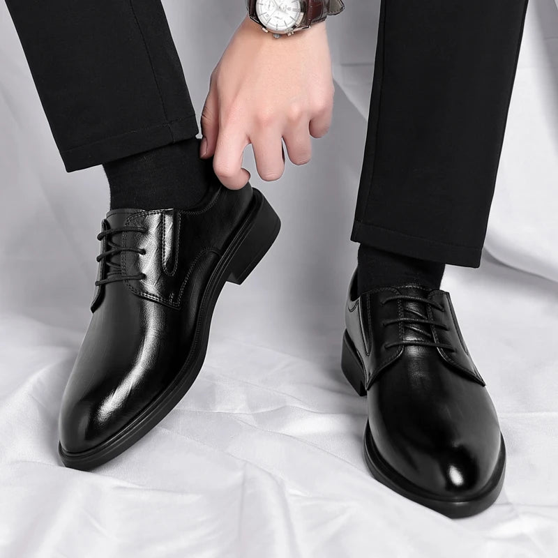 Ascenso - Men's 8 CM Height Increasing Black Split Leather Oxford Dress Shoes - Ashour Shoes