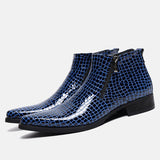 Stile - Men's Blue Crocodile Embossed Patent Leather Zipper Ankle Dress Boots - Ashour Shoes