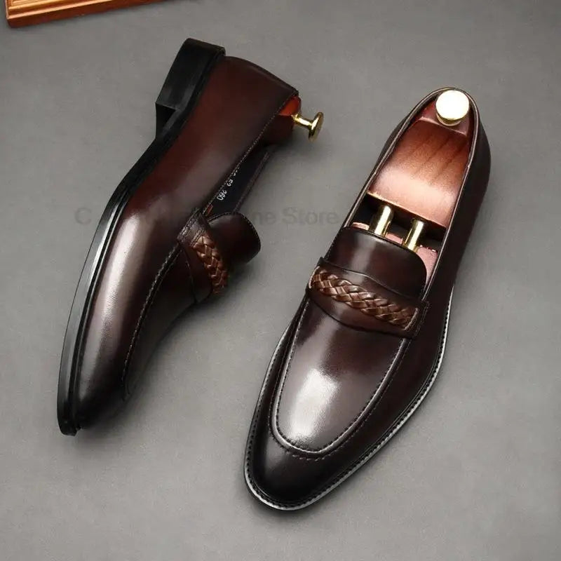 il lusso 3 - Italian Style leather Loafers for men with Braided Strap. - Ashour Shoes