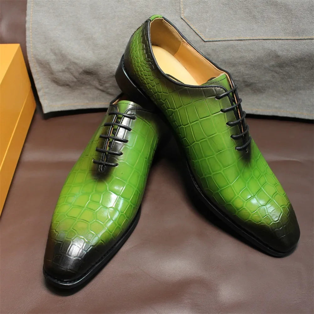 Verdeon – Men’s Crocodile-Embossed Green Dress Shoes Genuine Leather Oxford Shoes - Ashour Shoes