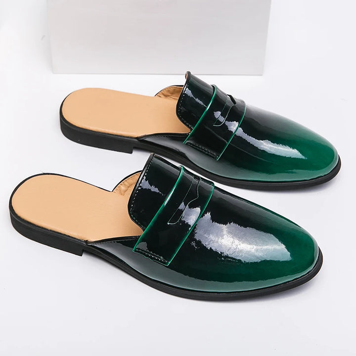 Summer Half Shoes for Men Black Loafers Slippers Patent Leather Mens Casual Driving Shoes Lightweight Flats Mules Slides Sandals - Ashour Shoes