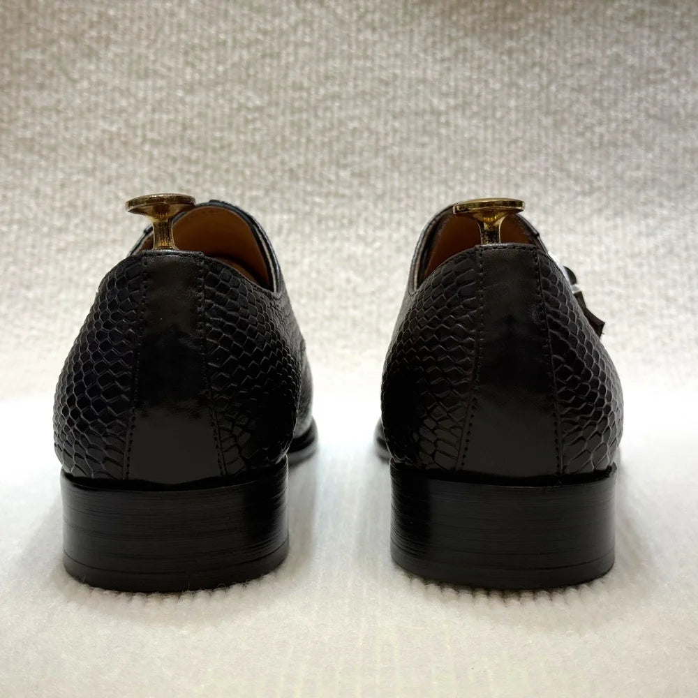 Distinto - Men's Fashionable Snake-Embossed Leather Buckled Derby Shoes - Ashour Shoes