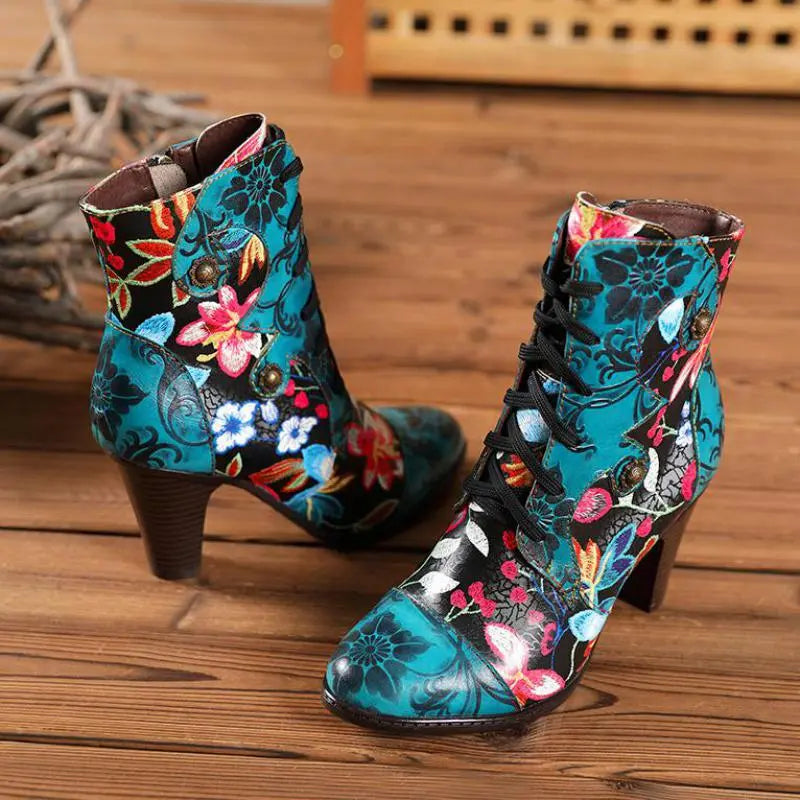 Armak2 - Vibrant floral pattern leather booties for women