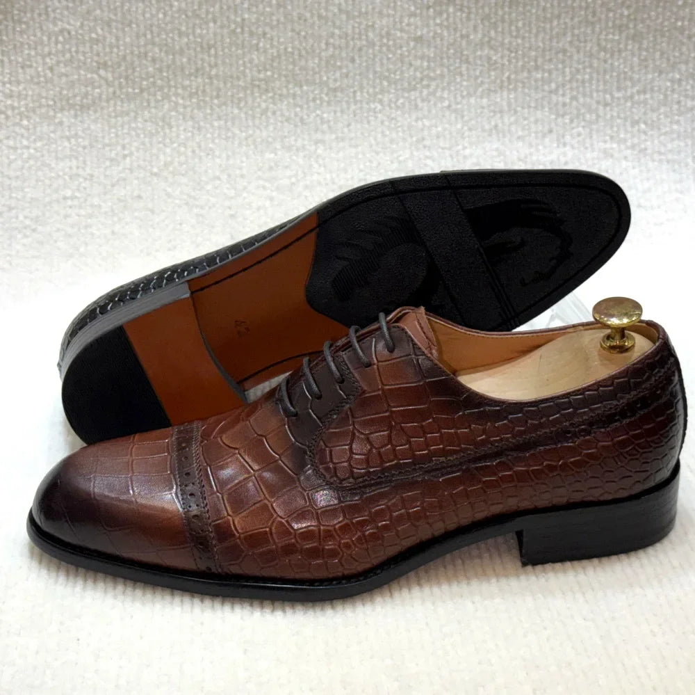 Alligatore - Men's Luxury Crocodile Embossed Leather Cap Toe Oxfords - Ashour Shoes