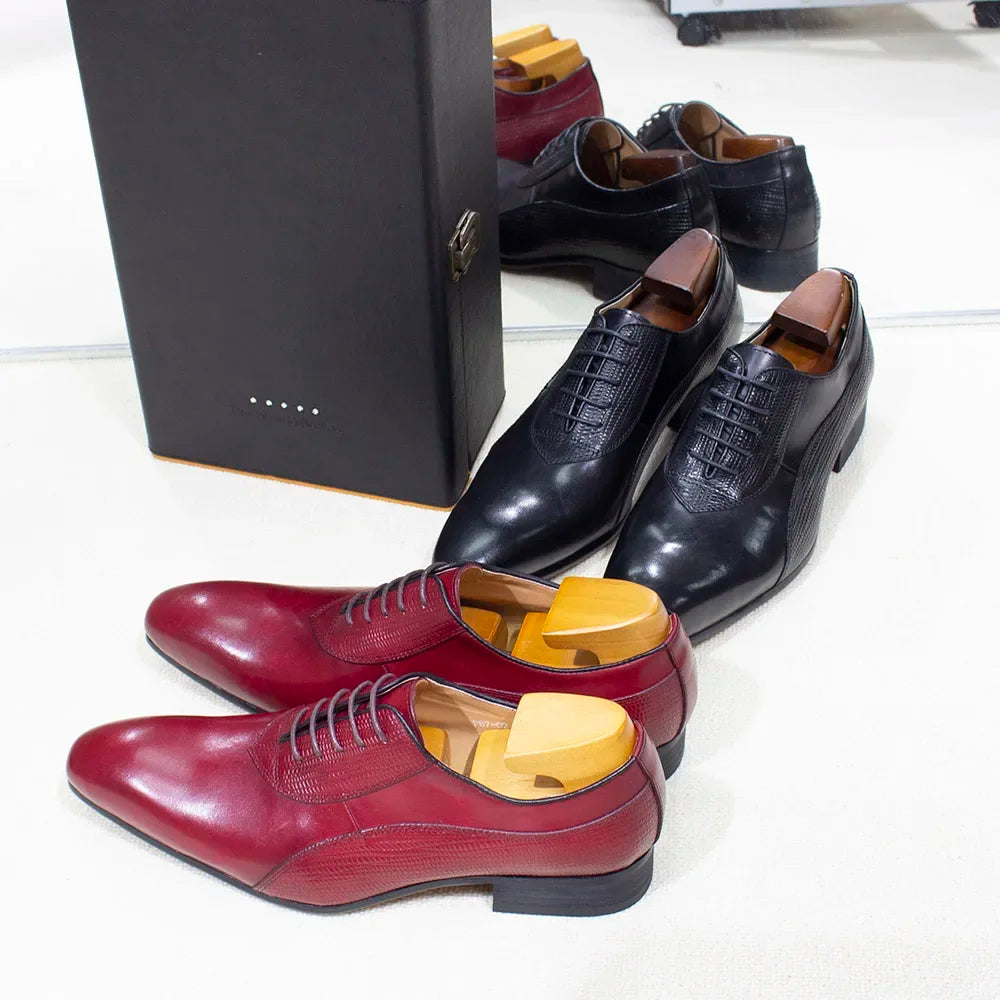 Magnifico - Men's Luxury Red Leather Textured Oxford Dress Shoes - Ashour Shoes