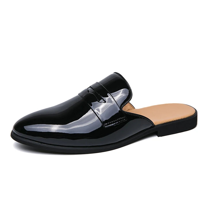 Summer Half Shoes for Men Black Loafers Slippers Patent Leather Mens Casual Driving Shoes Lightweight Flats Mules Slides Sandals - Ashour Shoes