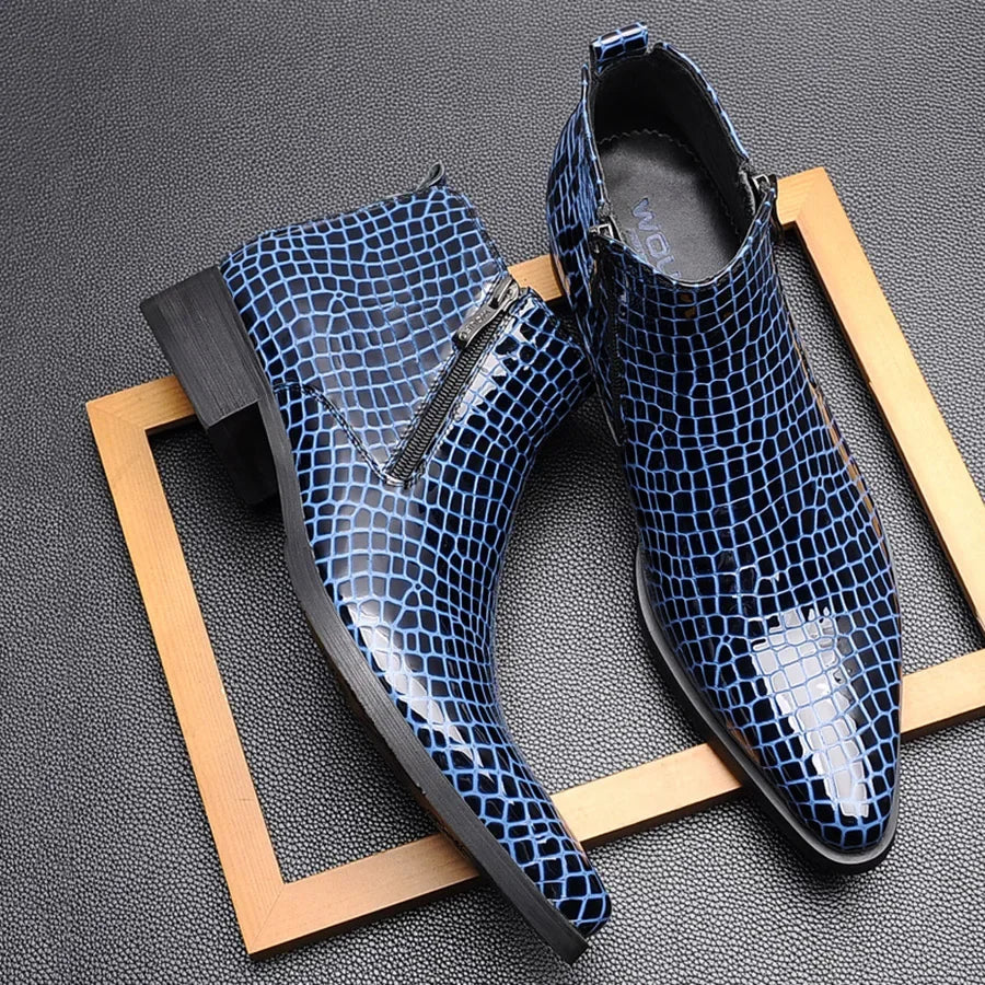 Stile - Men's Blue Crocodile Embossed Patent Leather Zipper Ankle Dress Boots - Ashour Shoes