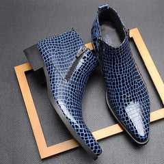 Stile - Men's Blue Crocodile Embossed Patent Leather Zipper Ankle Dress Boots - Ashour Shoes