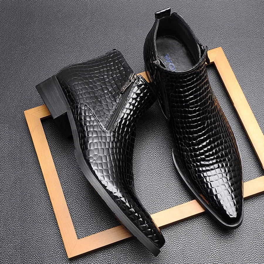 Stile - Men's Blue Crocodile Embossed Patent Leather Zipper Ankle Dress Boots - Ashour Shoes