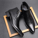 Stile - Men's Blue Crocodile Embossed Patent Leather Zipper Ankle Dress Boots - Ashour Shoes