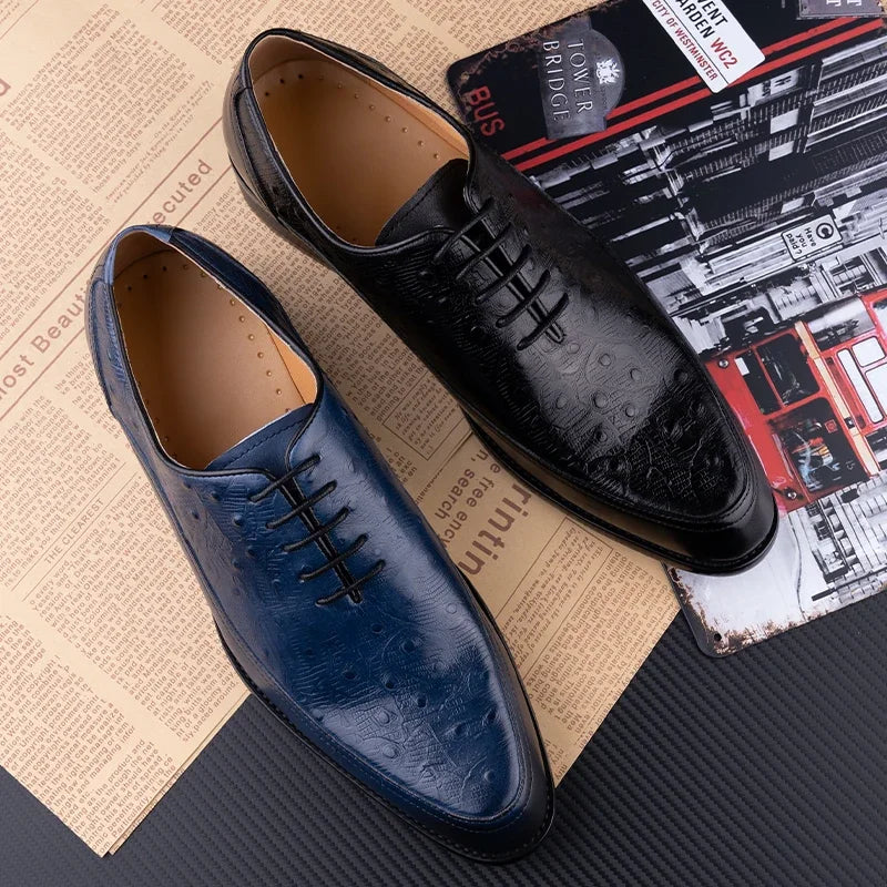 Distinto - Men's Luxury Black Ostrich Print Leather Oxford Dress Shoes - Ashour Shoes
