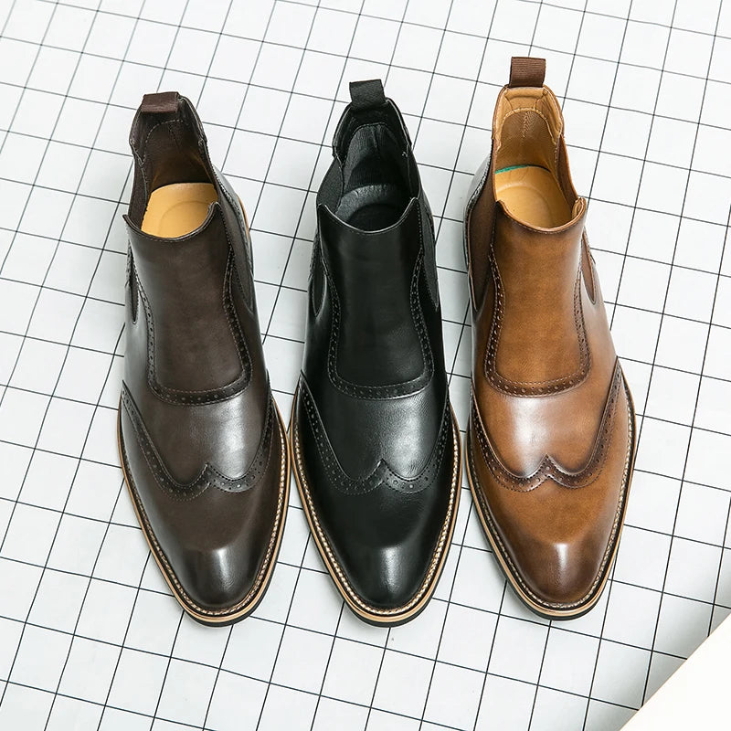 Distinto - Men's Polished Leather Brogue Chelsea Boots - Ashour Shoes