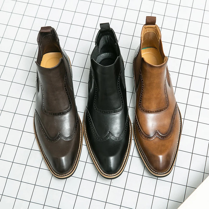 Distinto - Men's Polished Leather Brogue Chelsea Boots