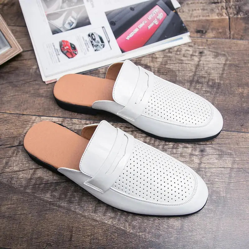 Half Shoes for Men Leather Mules Casual Shoes Men Fashion 2022 Men Slipper Mules Backless Loafers Black Flat Heel Party Slippers - Ashour Shoes