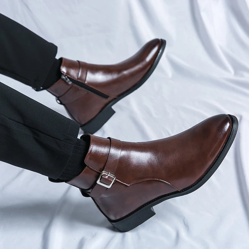 The Chiaro X - Leather ankle dress boots for men with zipper and strap - Ashour Shoes