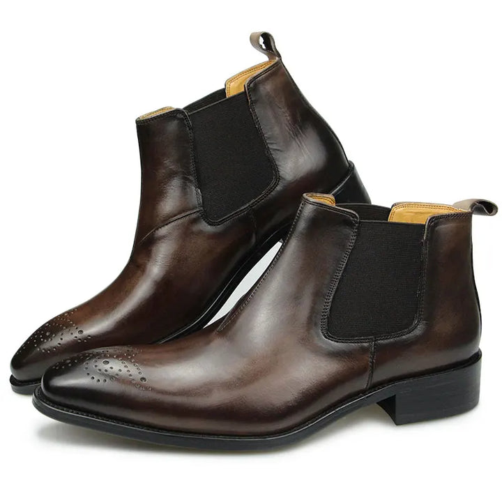 Romano - Men's Chelsea leather ankle boots with broguing (slip on) - Ashour Shoes