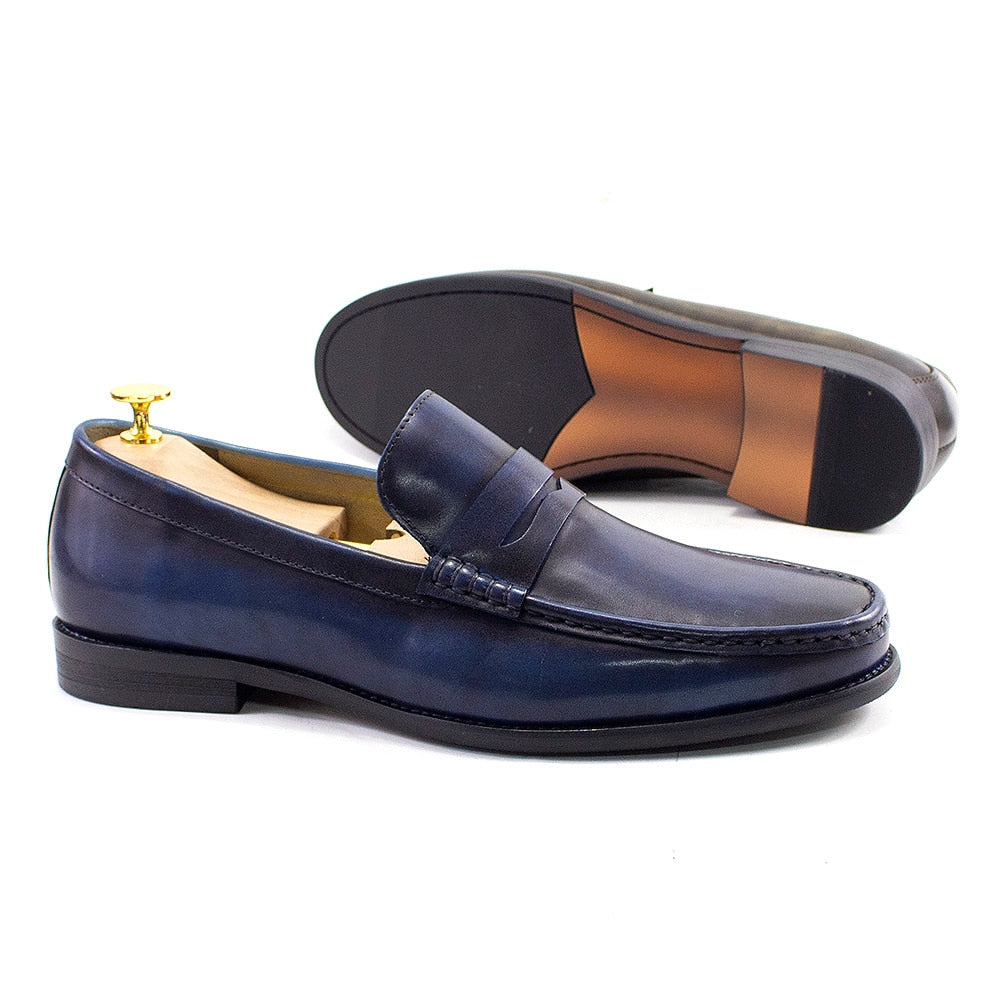 Sfarzo - Luxury Men's Leather Penny Loafers (Blue or Black) - Ashour Shoes