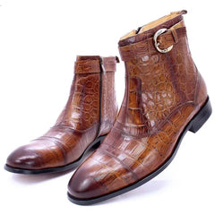 Brown crocodile-patterned boots with a gold buckle