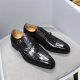 Maestro - Men's Elegant Black Crocodile Embossed Double Monk Strap Dress Shoes - Ashour Shoes