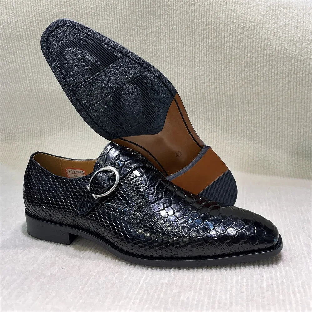 Serpente - Men's Elegant Burgundy Embossed Leather Monk Strap Dress Shoes - Ashour Shoes