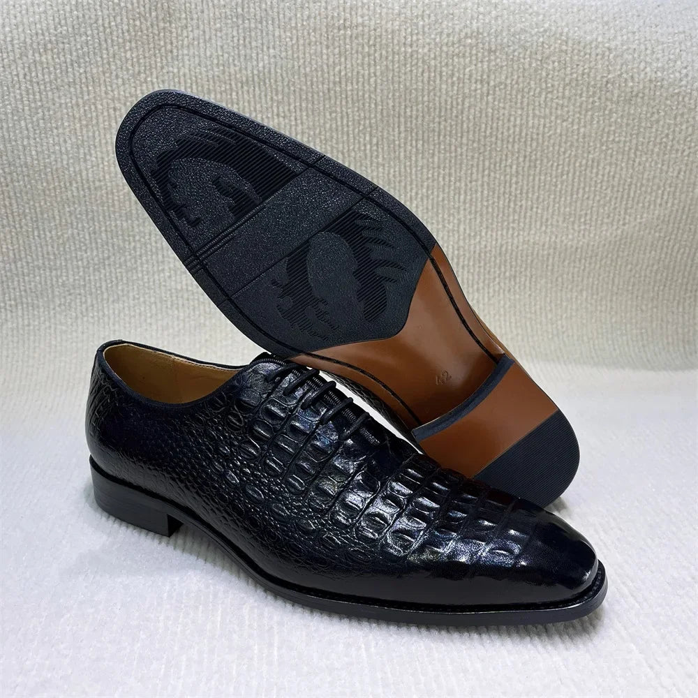 Distinto - Men's Lace-Up Pointed Toe Crocodile Embossed Leather Oxford Dress Shoes - Ashour Shoes