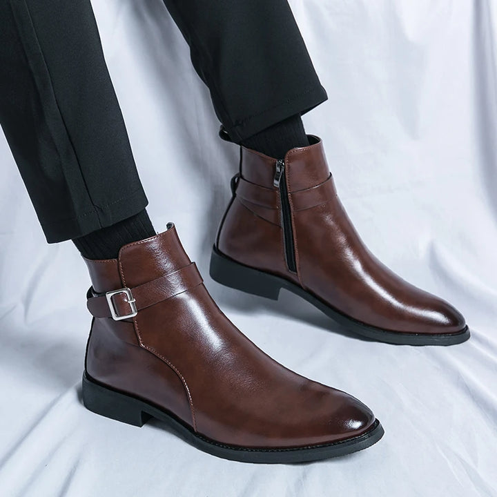 The Chiaro X - Leather ankle dress boots for men with zipper and strap - Ashour Shoes